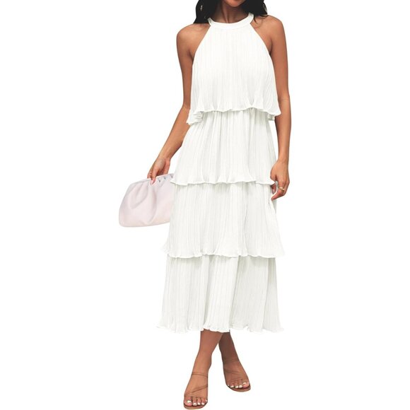 Women's 2024 Summer Sleeveless Halter Neck Ruffle Tiered Layered Chiffon